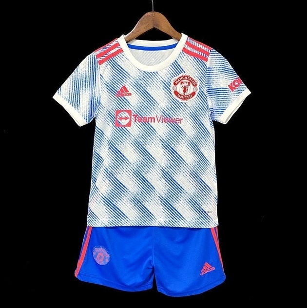 Conjunto Infantil Manchester United II Branco e Azul - Camisa e Shorts - Adidas